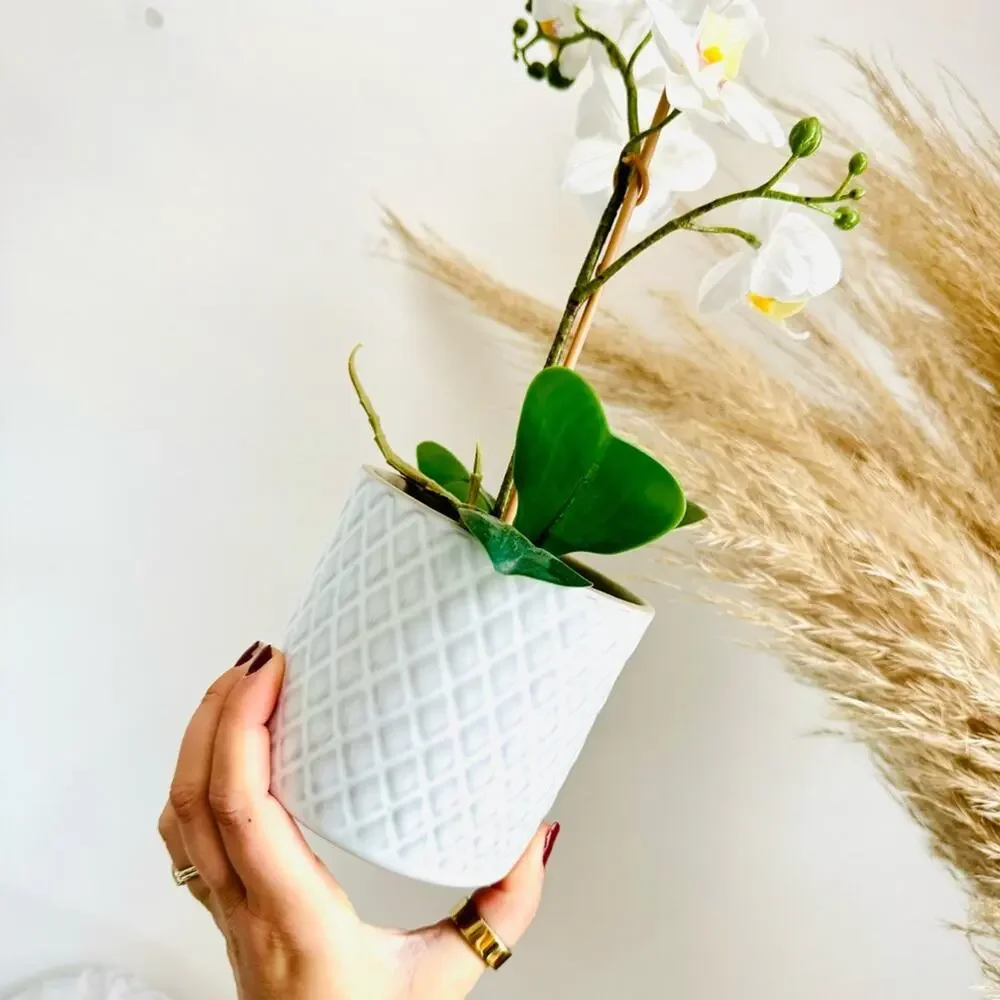 POTTERY BARN White Orchid Faux Plant Planter White Ceramic Etched Geo Pot Decor